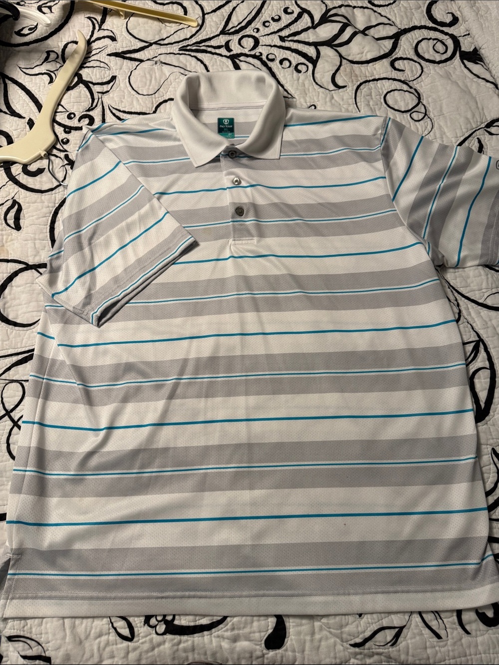 Men's Striped Short-Sleeve Polo Shirt in White, Gray & Teal
